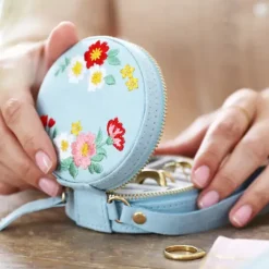 Mini boite à Bijoux rond en velours à fleurs brodées