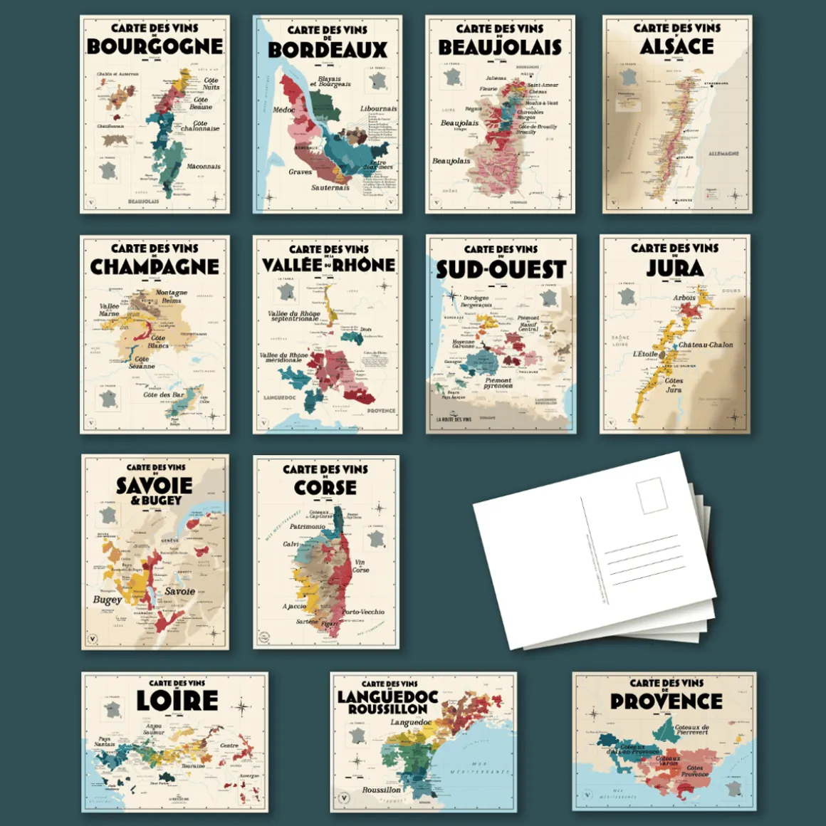 Pack 13 Cartes Postales Les Vins de France - 30 x 40 cm - Ecru