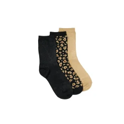 Set de 3 Chaussettes Fantaisie Paillettes Léopard Noir Doré