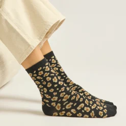 Set de 3 Chaussettes Fantaisie Paillettes Léopard Noir Doré