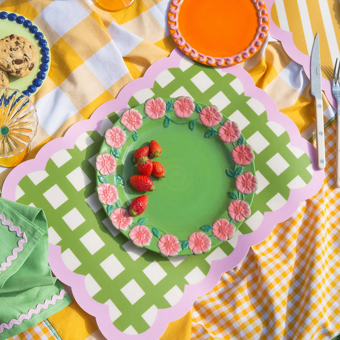 Set de table Biscotti à Carreaux - 38 cm x 48 cm - Kaki u0026 Rose