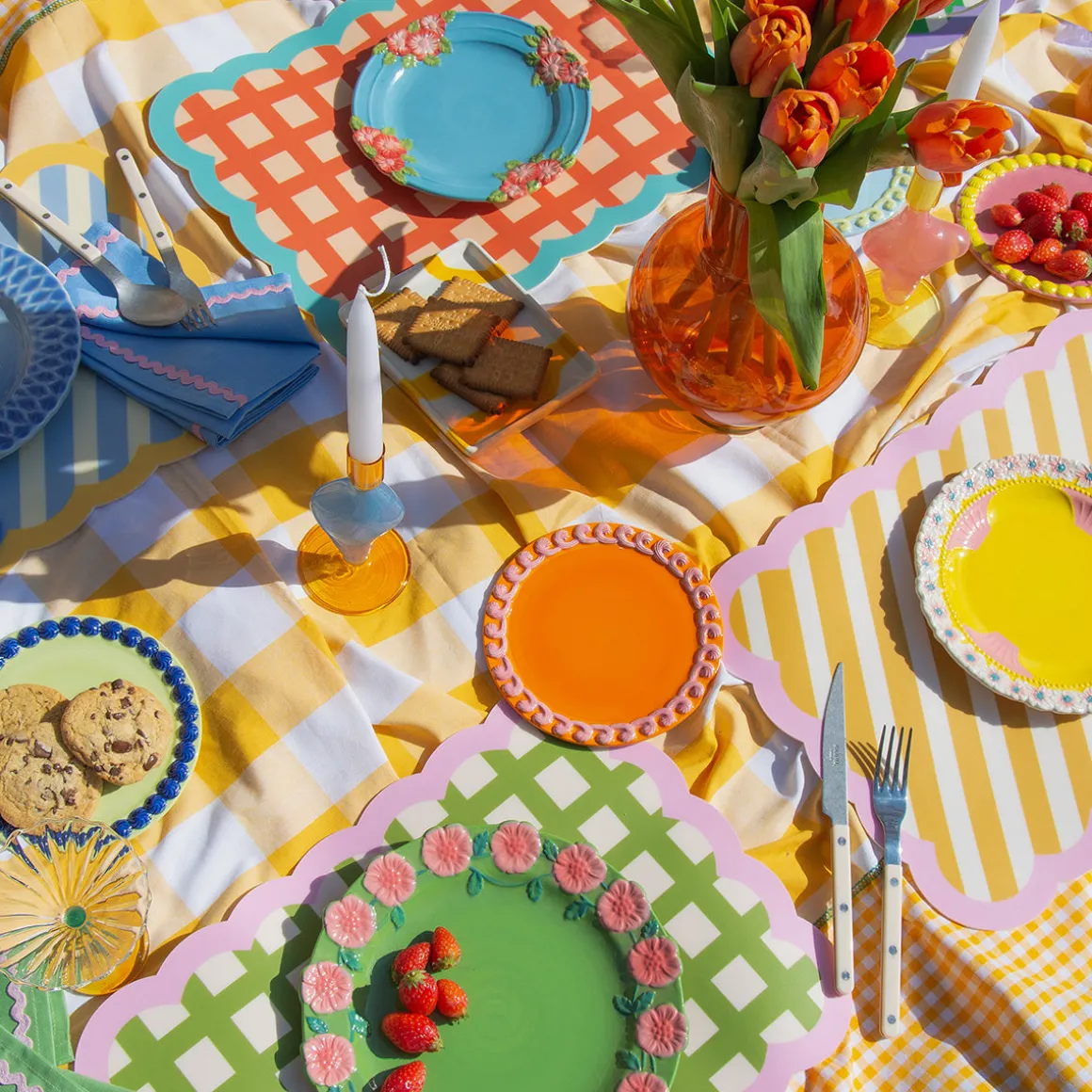 Set de table Biscotti à Carreaux - 38 cm x 48 cm - Kaki u0026 Rose